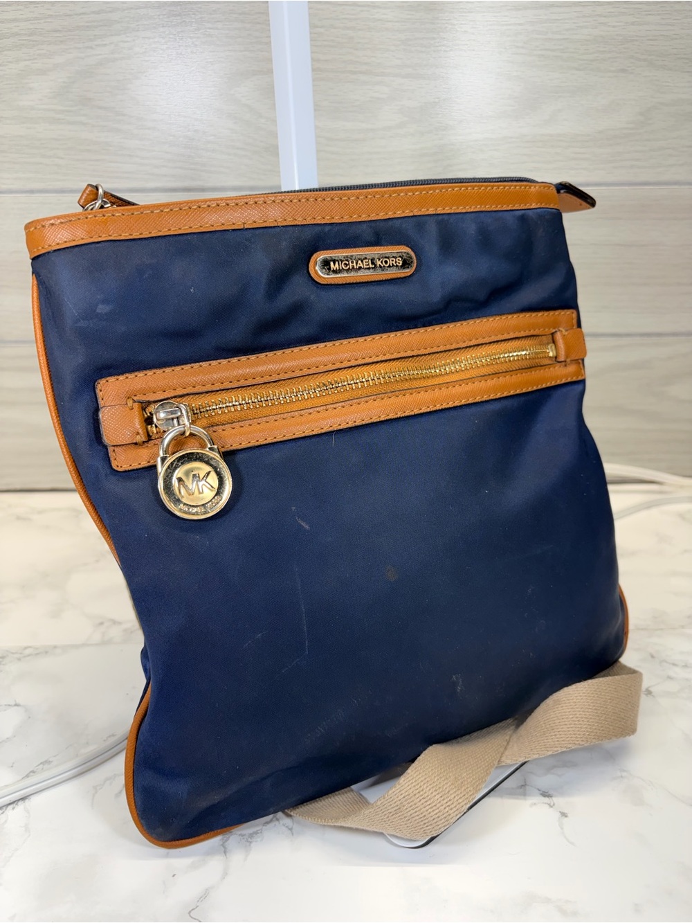 Michael Kors Navy Crossbody with Tan Trim and Gold Accents